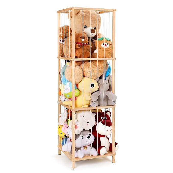 ACEPRUT Wood Stuffed Animal Storage Holder, Space Save Three Tier Vertical Large Stuffed Animal Zoo Organizer for Playroom Bedroom, Toy Storage Birthday Gifts for Kids