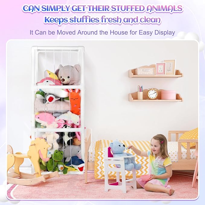 64 Inch Extra-Large Stuffed Animal Storage Zoo Stuffed Animal Holder Space Save Vertical Stuffed Animals Storage PVC with Elastic Band and Net for Playroom Birthday Gift for Bedroom Nursery