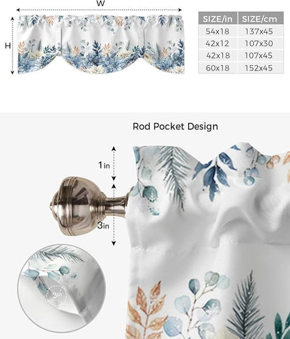 Blue Christmas Poinsettia Blackout Tie Up Valance Curtains for Kitchen Windows Winter Eucalyptus Leaves Window Toppers Balloon Shades for Living Room/Bathroom/Bedroom,1 Panel, 42" X 12",
