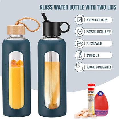 24oz Glass Water Bottle With 2 Lids-Flip Straw Lid, Bamboo Lid, Glass Water Bottle With Silicone Sleeve, Motivational Time Marker, Glass Juice Bottle for Cold Drink,Navy Blue