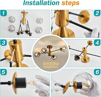 Modern Semi Flush Mount Ceiling Light Fixture, 4-Light Gold Mid Century Chandelier with Glass Globe,Ceiling Lighting for Dinning Room Farmhouse Kitchen Bedroom Living Room.