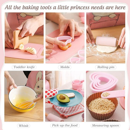 OESSUF Kids Baking Sets for Girls, Cooking Sets 38PCS Real Chef Easy Bake Toddler Montessori Kitchen Tools with Apron, Knife, Cutting Board, Little Girls Dress Up Gift