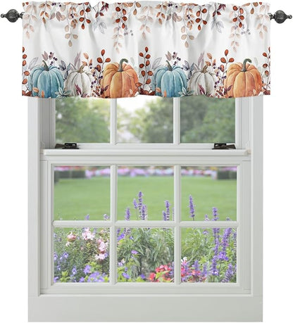 Fall Thanksgiving Kitchen Curtains Valances for Windows Watercolor Autumn Pumpkins Eucalyptus Leaves Rod Pocket Window Treatment for Kitchen /Living Room/Bedroom/ Bathroom,60" X 18", Blue Orange