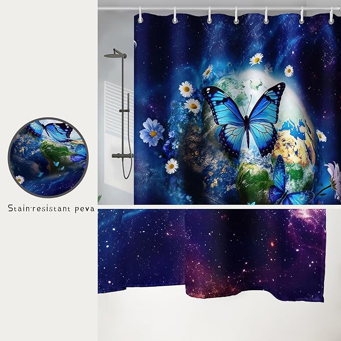 AILONEN Blue Butterfly Shower Curtain 48" W*72" H,Mystic Galaxy Earth Starry Bathroom Decor,Modern Floral Butterfly Bath Curtain Polyester Waterproof Bathroom Curtain with 12 Hooks