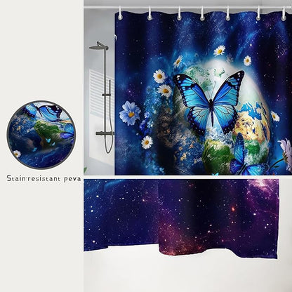 AILONEN Blue Butterfly Shower Curtain 72" W*96" H,Mystic Galaxy Earth Starry Bathroom Decor,Modern Floral Butterfly Bath Curtain Polyester Waterproof Bathroom Curtain with 12 Hooks