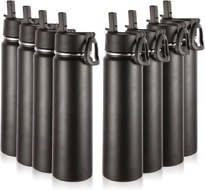 Volhoply 24oz Insulated Water Bottle With Straw Bulk 8 Pack,Metal Wide Mouth Water Bottles With Handle Lid Keep Cold,Reusable Double Wall Thermos,Powder Coated Sport Bottle For Holder(Black,8 Count)