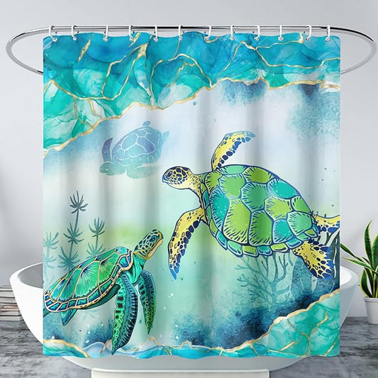 AILONEN Green Sea Turtle Shower Curtain,Cartoon Turtle and Water Plant Shower Curtain Set for Bathroom,Marble Theme Waterproof Fabric Shower Curtain with Hooks,48" W*72" H