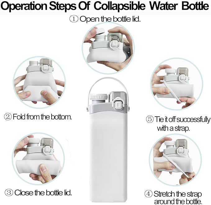 THAIOXYH® Collapsible Water Bottle 20 oz（600ml） Silicone BPA Free Reuseable Lightweight Foldable Water Bottles for Traveling Running Hiking Camping Sports (White)