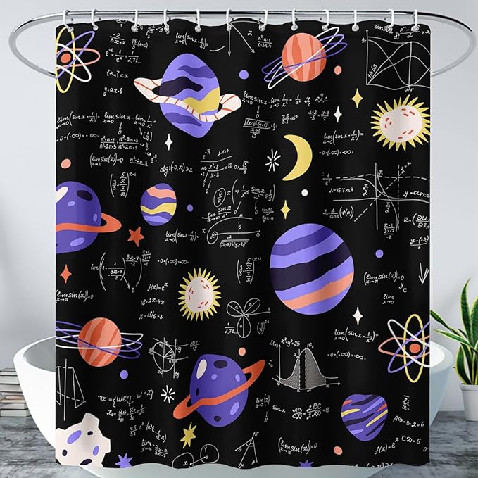 AILONEN Solar System Shower Curtain,Math Galaxy Purple Planet Bath Curtain for Bathroom Decor,Cartoon Planet Polyester Waterproof with 12 Plastic Hooks 72" W*96" H
