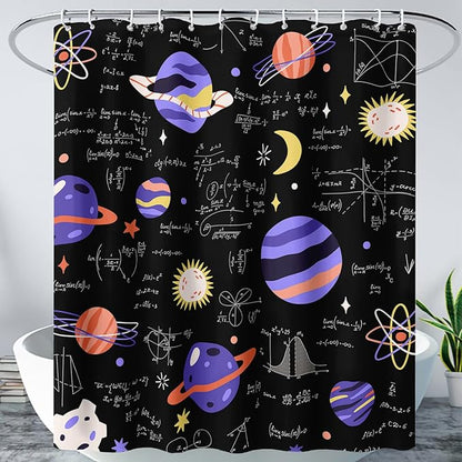 AILONEN Solar System Shower Curtain,Math Galaxy Purple Planet Bath Curtain for Bathroom Decor,Cartoon Planet Polyester Waterproof with 12 Plastic Hooks 60" W*72" H