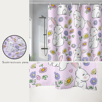 AILONEN Rabbit Bunny Shower Curtain for Bathroom,Cute Animal Shower Curtain Colorful Flower Decor Bath Curtain 60" W*72" H Polyester Fabric Waterproof Bathroom Bathtub Curtain with 12 Hooks
