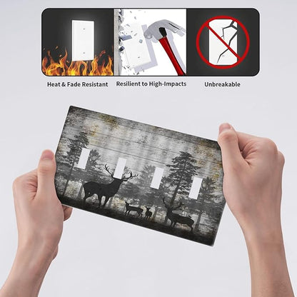 Rustic Deer Forest Vintage Wood Board Quad Toggle Boho Light Switch Covers Decorative Country Unique 4 Gang Wall Plate Electrical Faceplate Switchplate for Farmhouse Bedroom Decor