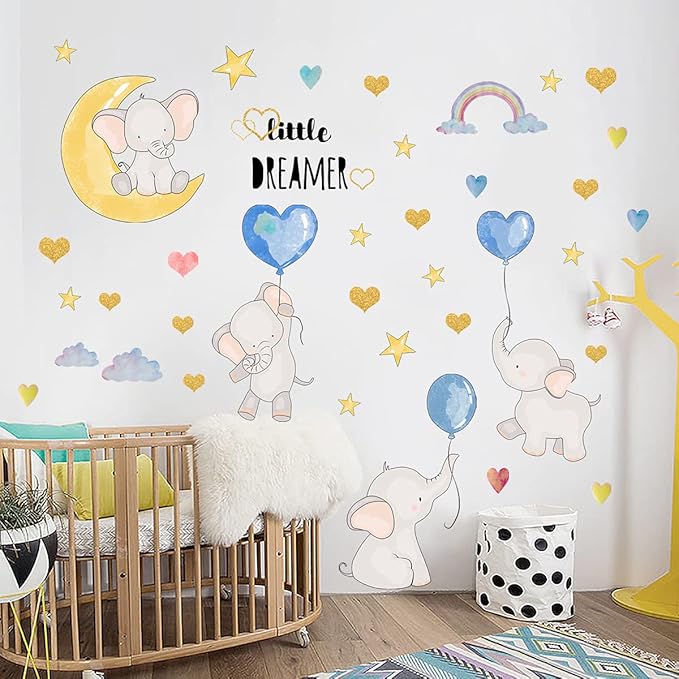 Cartoon Elephant Wall Stickers Moon Stars Balloons Rainbow Wall Decals Cute Animal Wall Decor for Kids Room Bedroom Living Room Wall Background Decor