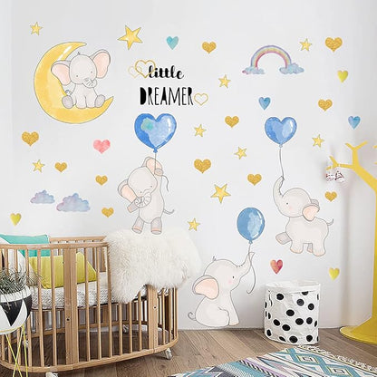 Cartoon Elephant Wall Stickers Moon Stars Balloons Rainbow Wall Decals Cute Animal Wall Decor for Kids Room Bedroom Living Room Wall Background Decor