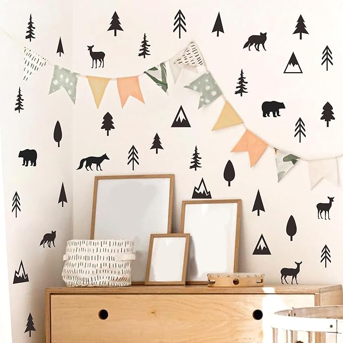 Woodland Animal Wall Stickers Small Pine Tree Wall Decals Vinyl Black Wall Decals Mountain Tree Animals Wall Stickers Jungle Deer Bear Fox Forest Wall Decals Woodland Nursery Kids Room Decor