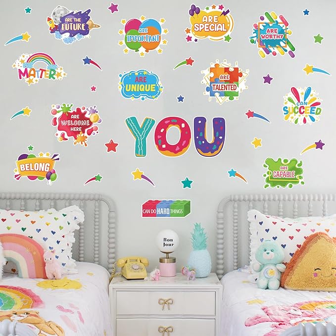 LHIUEM Kids Inspirational Wall Decals 38PCS Funny Daycare Wall Stickers for Toddler Splatter Stars Peel and Stick Testing Motivation Gifts for Students Splotches Wall Decor for Classroom Playroom Bathroom