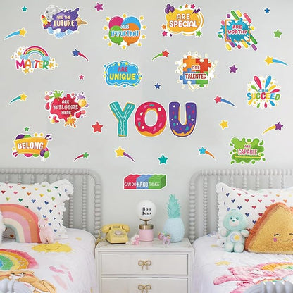 LHIUEM Kids Inspirational Wall Decals 38PCS Funny Daycare Wall Stickers for Toddler Splatter Stars Peel and Stick Testing Motivation Gifts for Students Splotches Wall Decor for Classroom Playroom Bathroom
