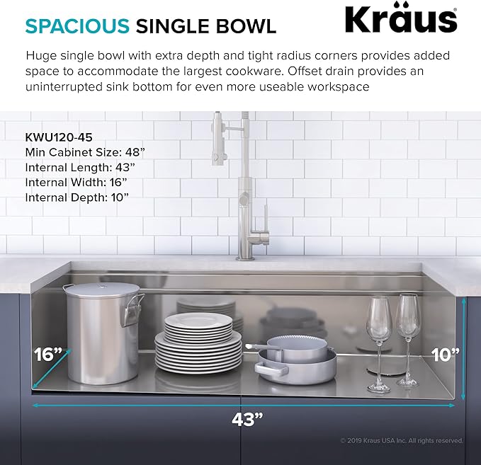 KRAUS KWU120-45 Kore 2-Tier Workstation 45-inch Undermount 16 Gauge Single Bowl Stainless Steel Kitchen Sink with Integrated 2-Step Ledge and Accessories (Pack of 10)
