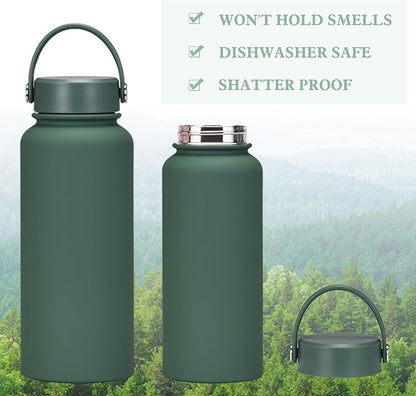 Dark Green 32 OZ Insulated Water Bottle, Forest Green Large Metal Insulated Stainless Steel Water Flask, Big Sports Travel Water Bottle with 2 Lids, Insulated Thermos Thermal Mug Cup