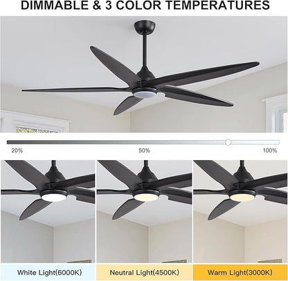 54 Inch Modern Ceiling Fan with Lights and Remote, 5 Wood Blades, 6-Speed Noiseless Reversible DC Motor with Replaceable Downrods for Bedroom Living Room Dining Room, Black