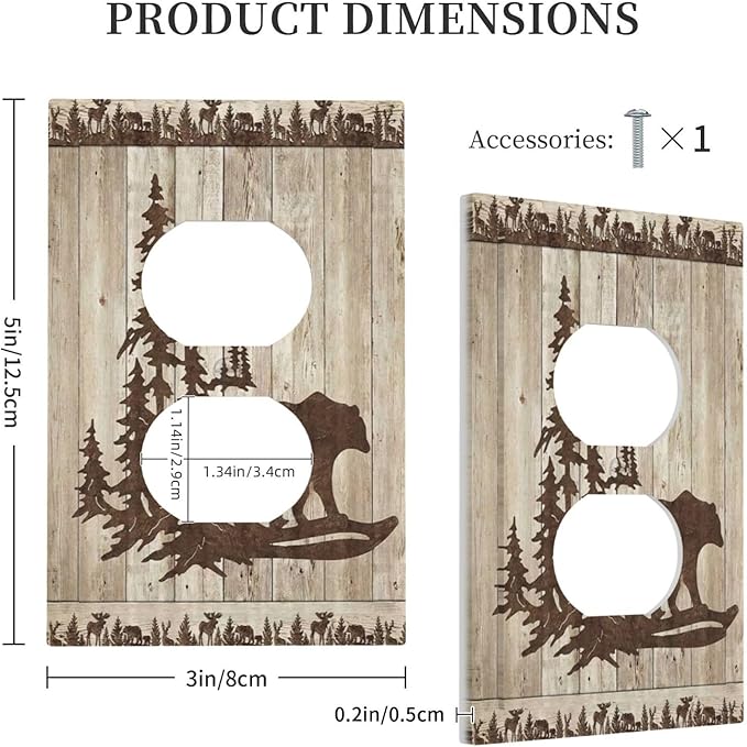 Rustic Wood Bear Forest 1 Gang Outlet Plate Covers Decorative Single Duplex Wall Plate Vintage Cabin Electrical Receptacle Light Switch Cover Art Faceplate Switchplate for Farmhouse Bedroom Decor