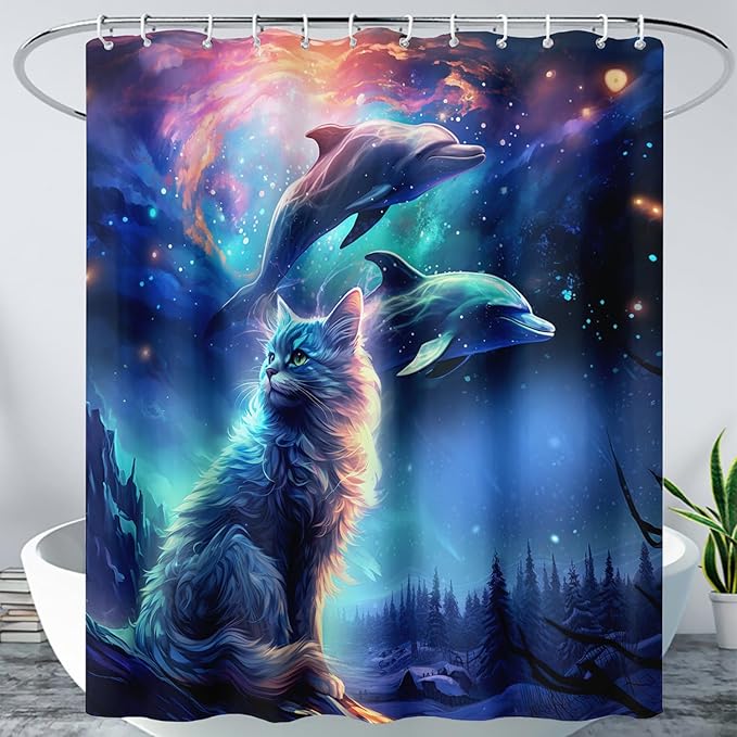 AILONEN 3D Kawaii Cat Shower Curtain Set,Cat Lovers Animal Waterproof Fabric Bath Curtain for Kids Girls,Jumping Dolphin Shower Curtain,Starry Night Shower Curtains for Bathroom Decor, 48" W*72" H
