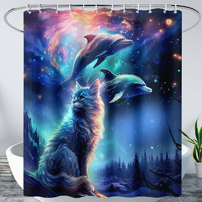 AILONEN 3D Kawaii Cat Shower Curtain Set,Cat Lovers Animal Waterproof Fabric Bath Curtain for Kids Girls,Jumping Dolphin Shower Curtain,Starry Night Shower Curtains for Bathroom Decor, 36" W*72" H