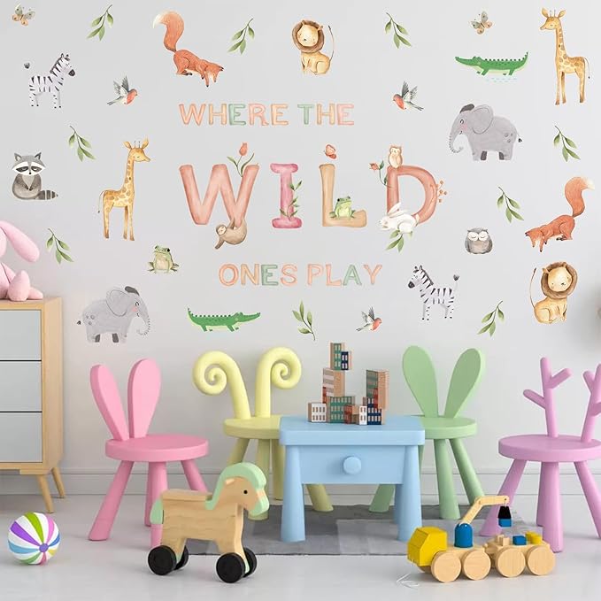 Safari Wall Decals for Kids Where The Wild Ones Play Peel and Stick Wallpaper 38pcs Giraffe Decor Zoo Animal Stickers Jungle Classroom Decal Fauna Forest Wall Murals for Classroom Playroom Nursery