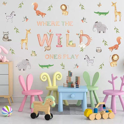 Safari Wall Decals for Kids Where The Wild Ones Play Peel and Stick Wallpaper 38pcs Giraffe Decor Zoo Animal Stickers Jungle Classroom Decal Fauna Forest Wall Murals for Classroom Playroom Nursery
