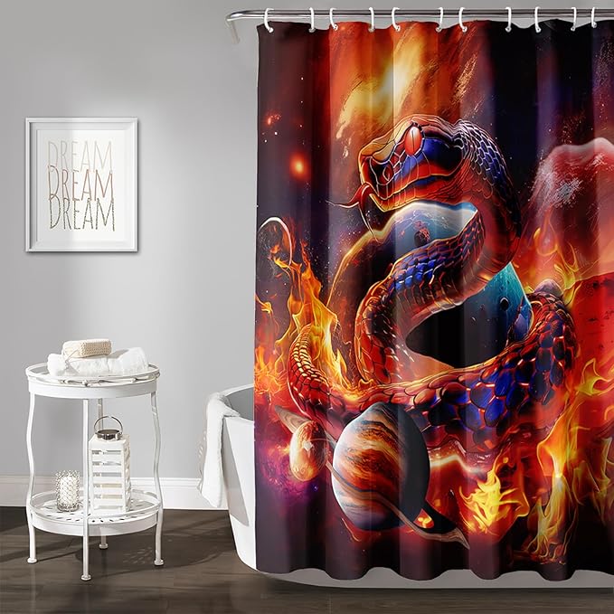 AILONEN 3D Snake Shower Curtain for Boys,Flame Fire Planet Snake Bath Curtain for Bathroom Decor,Safari Animal Polyester Waterproof for Shower, 72" W*96" H with 12 Plastic Hooks