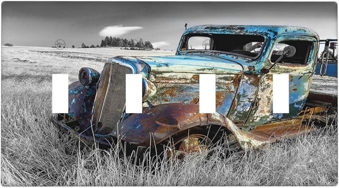 Vintage Country Old Blue Truck Quad Toggle Light Switch Cover Decorative Rustic Automobile 4 Gang Wall Plate Electrical Faceplate Switchplate for Farmhouse Bathroom Bedroom Living Room Decor