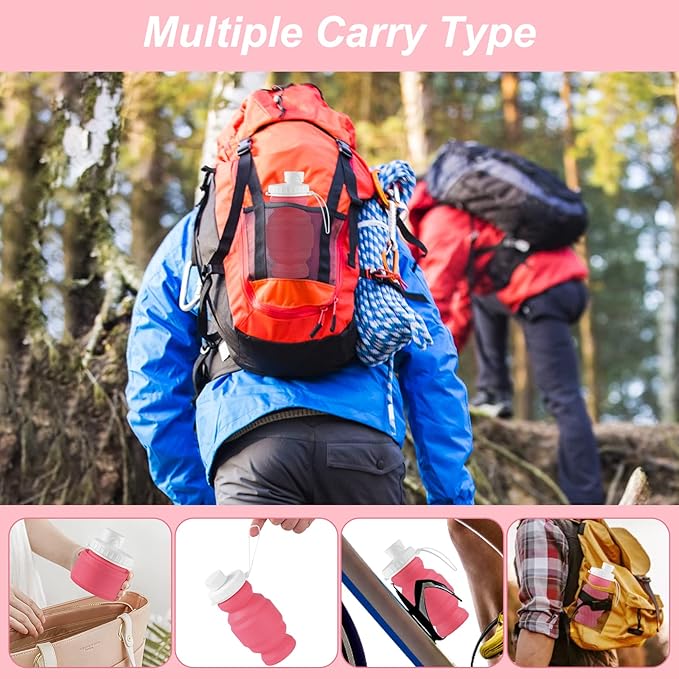 THAIOXYH® Collapsible Water Bottles 11 oz（320ml） Reuseable Foldable Portable BPA Free Silicone Collapsible Water Bottles for Traveling Hiking Camping Sports (pink)…