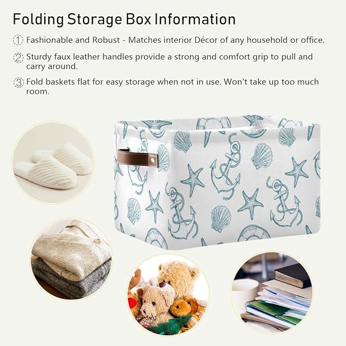 Coastal Anchor Nautical Theme Storage Basket Fabric Laundry Baskets Starfish Summer Beach Storage Boxes Organizer Bag for Baby Cloth Dog Toy Book Storage Cubes Shelf Closet Bins 16x12x8 Inches