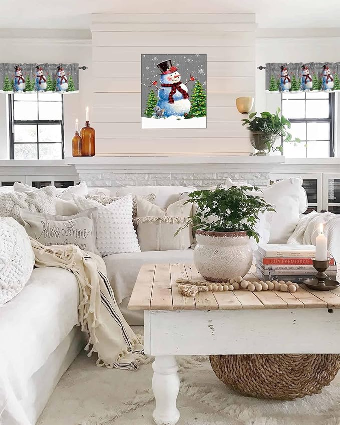 Christmas Snowman Kitchen Curtains Valances for Windows Winter Holidays Cardinal White Snowflake Rod Pocket Window Treatment for Kitchen /Living Room/Bedroom/ Bathroom,42" X 12" -1 Panel, Gray