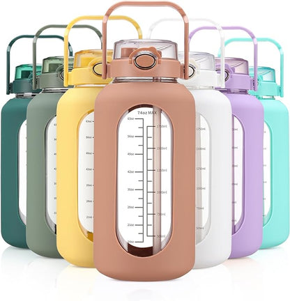 74 oz Glass Water Bolttles with Straw Large Motivational Water Bottle with Time Marker Sports Water Bottles with Silicone Sleeve and Handle Lid 2.2L Water Jug for Gym Workout