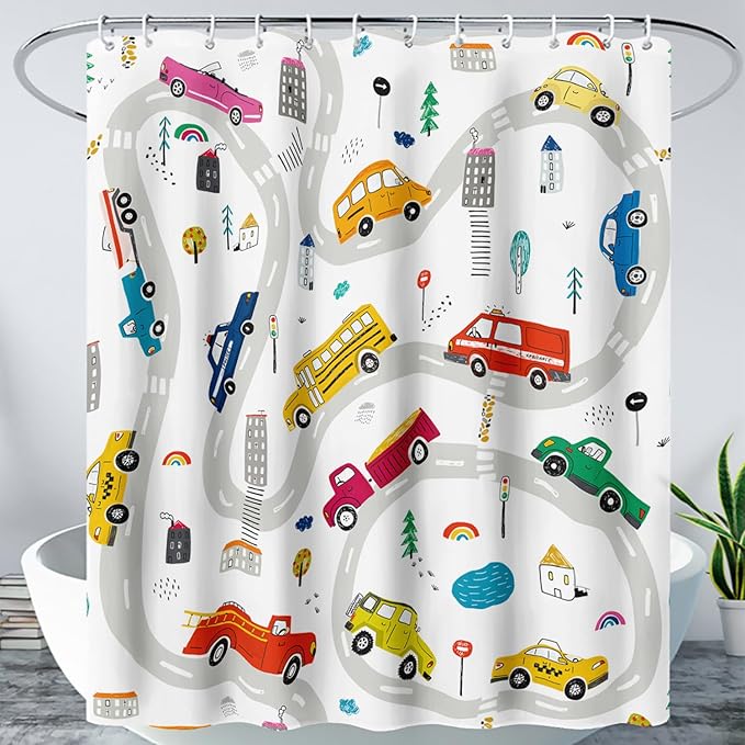 AILONEN Construction Shower Curtain, Truck Fire Engine Police Car Bath Curtain for Kids Boys,Red Yellow Blue Truck Car Bathroom Decor Waterproof Fabric 60" W*72" H Inch with 12 Plastic Hooks