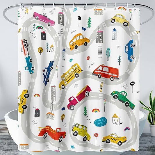 AILONEN Construction Shower Curtain, Truck Fire Engine Police Car Bath Curtain for Kids Boys,Red Yellow Blue Truck Car Bathroom Decor Waterproof Fabric 72" W*72" H Inch with 12 Plastic Hooks