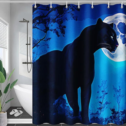 AILONEN Black Panther Shower Curtain,Evening Moon Leopard Bath Curtain for Women,Wildlife Cheetah Polyester Waterproof for Bathroom,60" W*72" H with 12 Plastic Hooks