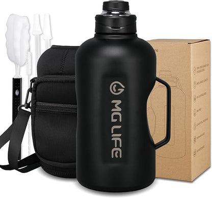 64oz Insulated Water Bottle With Handle, Stainless Steel Thermos With Straw, Water Bottle Holder With Strap, Half Gallon Water Jug, For Water, Iced Tea Or Coffee, On Gym,(Black)