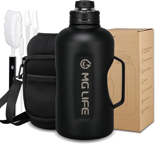 64oz Insulated Water Bottle With Handle, Stainless Steel Thermos With Straw, Water Bottle Holder With Strap, Half Gallon Water Jug, For Water, Iced Tea Or Coffee, On Gym,(Black)