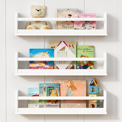 24 Inch Wide Bookshelf for Kids Room Wall Decor, Floating Nursery Book Shelves for Baby Children Teens Bedroom, Corner Hanging Bookshelves Wall Mounted for Classroom Library (White)