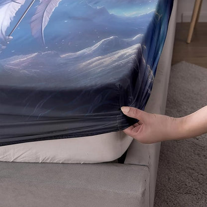 AILONEN Wolf Dream Catcher Fitted Sheet Set Full Evening Purple Galaxy Starry Moon Wolf Bed Sheet with 2 Pillowcases,3 Pieces Wolf Print Boys Girls Full Fitted Sheet Set