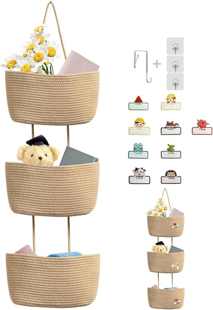 TeoKJ Over the Door Hanging Basket, 3-Tier Woven Cotton Wall-Mounted Storage Organizer Bag Decorative with Self Adhesive Write-On Sticker Hanging Nursery Baskets - Jute