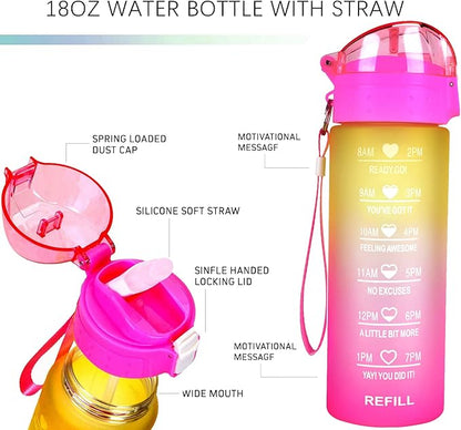 XACIOA Water Bottle with Straw,18oz Plastic Cup with Motivational Time Marker,1L Tritan Sport Lightweight Leakproof BPA-Free,Wide Mouth Fast Flow Ensure You Have Times to Drink,with Straw & Cup Brush