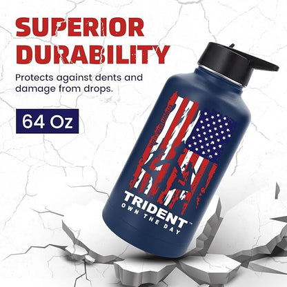 American Flag 64 oz Water Bottle, Reusable Water Bottle with Straw, Leak Proof Water Bottles, 64oz Insulated Water Bottle, Thermos Water Bottle - Retired Navy Vet Small Business (Dark Blue, 64 Oz)