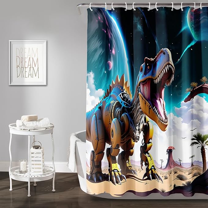 AILONEN Dinosaur Shower Curtain for Kids Boys Teens.Sky Blue Planet Dinosaur Bath Curtain for Bathroom,Machine Dinosaur Curtain Modern Polyester with 12 Plastic Hooks 72" W*96" H