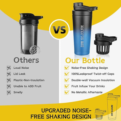 24 oz Shaker Bottle,Stainless Steel Shaker Bottle with Noise-Free Design,Insulated Metal Shakers Bottles Cup for Protein Mixes and Pre Workout,Gym Shaker Bottle (Black&Blue)
