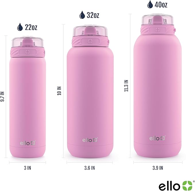 Ello Cooper 22oz Stainless Steel Water Bottle with Straw and Carry Handle, Double Walled and Vacuum Insulated Metal, Leak Proof Locking Lid with Soft Silicone Spout, Reusable, BPA Free, Bubblegum