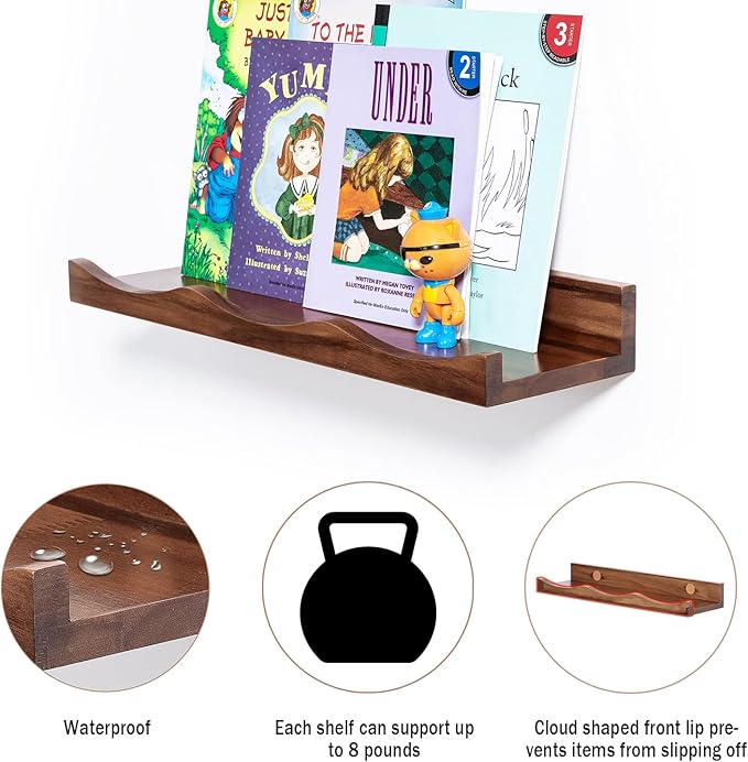 AZSKY Floating Bookshelf for Kids, Picture Ledge Shelf for Wall Decor and Storage 16 Inches Nursery Book Shelves Set 3, Baby Book Shelf for Kids Room Decor(Walnut)