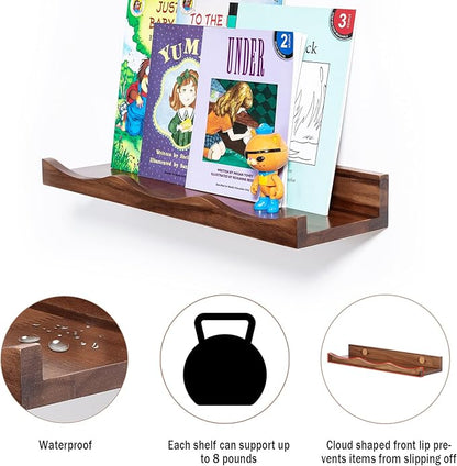 AZSKY Floating Bookshelf for Kids, Picture Ledge Shelf for Wall Decor and Storage 16 Inches Nursery Book Shelves Set 3, Baby Book Shelf for Kids Room Decor(Walnut)